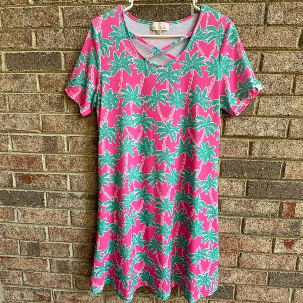 Simply Southern Pink Teal Palm Tree Shift Dress Coastal Preppy Womens Medium